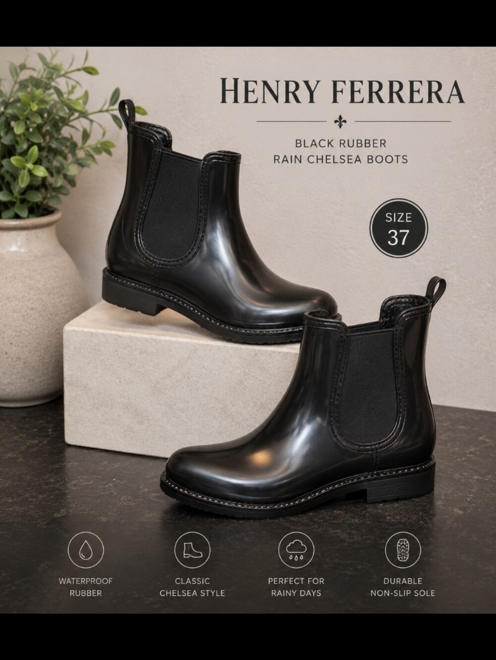 HENRY FERRERA 37 Black Rubber Rain Chelsea Boots